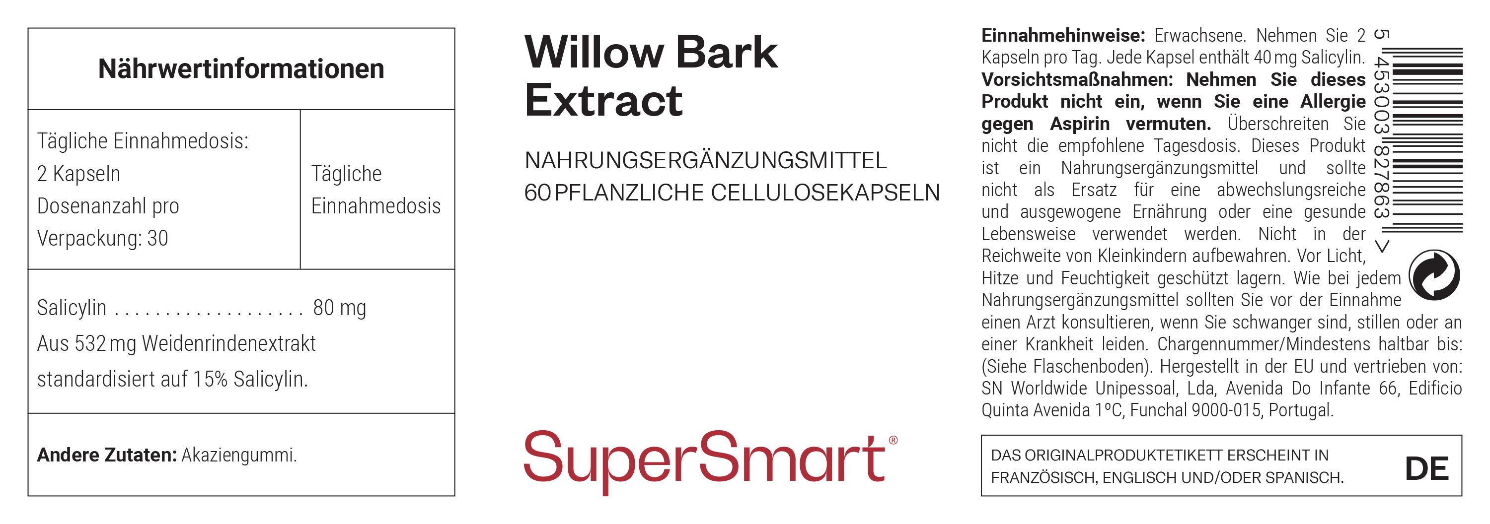 Etikett mit Produktinformationen. Enthält Willow Bark Extract, 60 pflanzliche Zellulosekapseln. SuperSmart Logo.