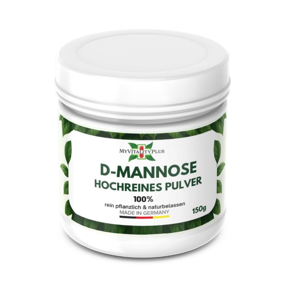 Weißes Produktglas mit grünem Etikett. Aufschrift: D-Mannose, hochreines Pulver, 100%, Made in Germany. 150g.