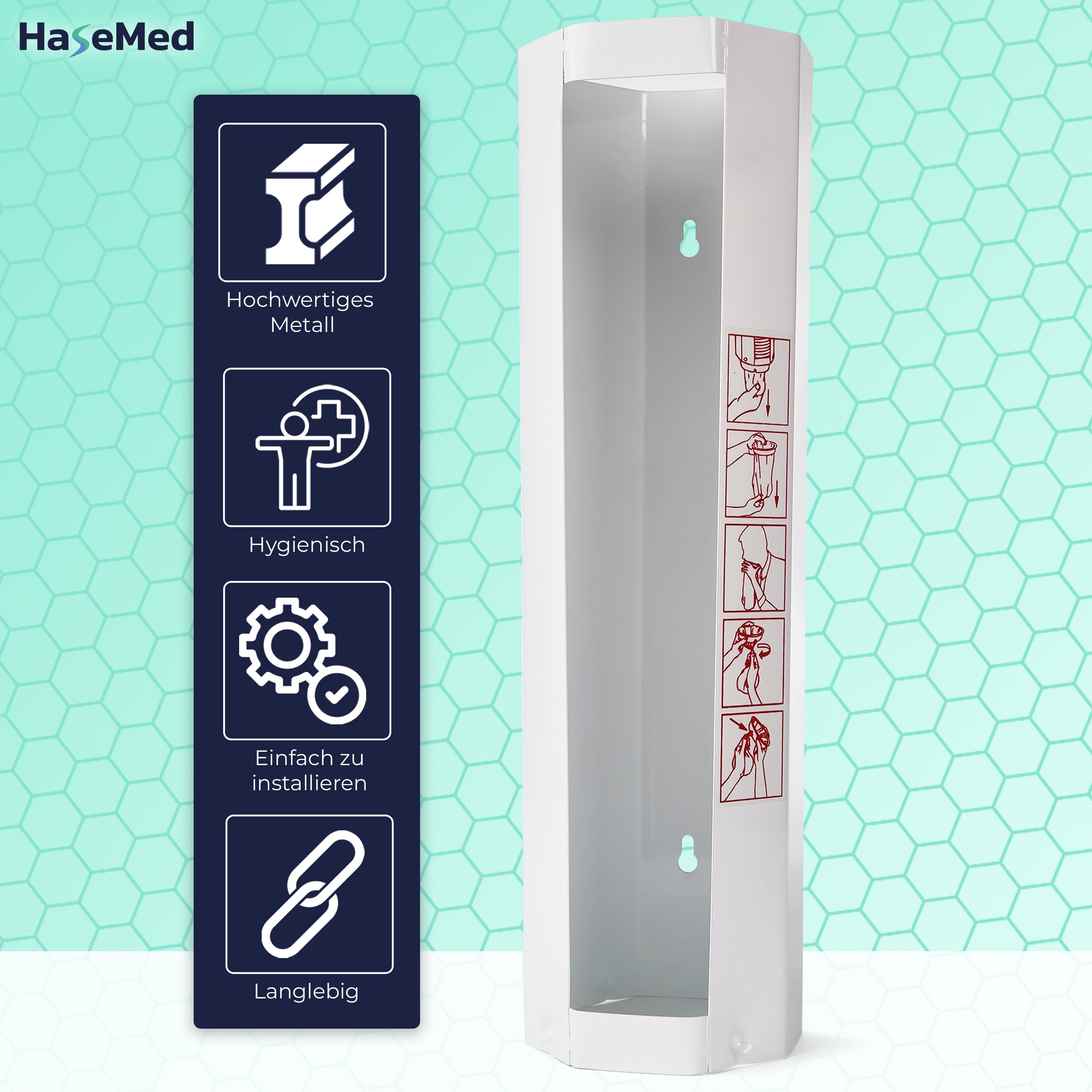 Weißer Metallspender für Spuckbeutel, XL. HaseMed Logo. Symbole: Metall, hygienisch, Installation, langlebig.