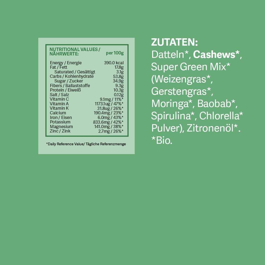 Nährwerttabelle und Zutatenliste des Super Green Riegels. Zutaten: Datteln, Cashews, Super Green Mix, Weizengras, Gerstengras, Moringa, Baobab, Spirulina, Chlorella, Zitronenöl.