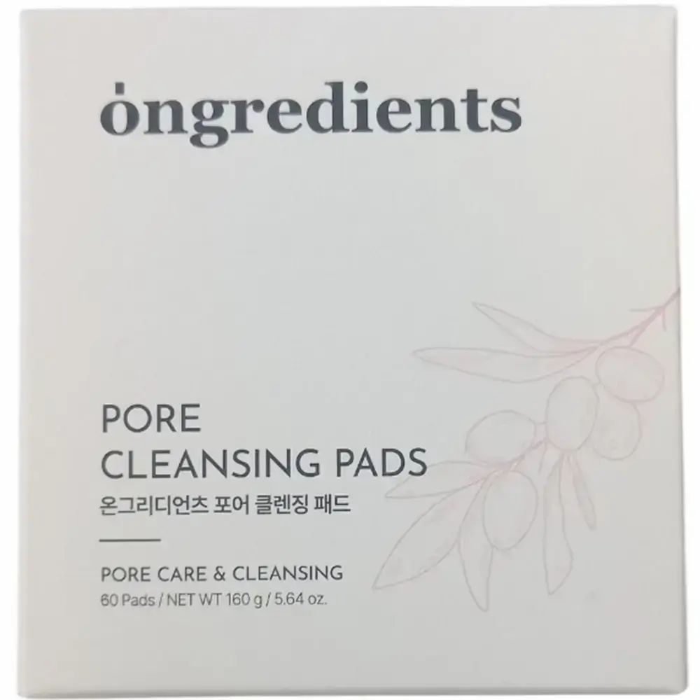 Weiße Verpackung mit "ongredients Pore Cleansing Pads". Text: "60 Pads / NET WT 160 g / 5.64 oz". Olivenzweig-Illustration.