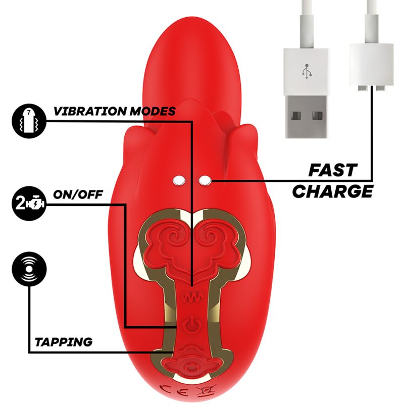 Roter Vibrator mit Symbolen für Vibrationsmodi, Ein/Aus und Tapping. USB-Ladekabel.