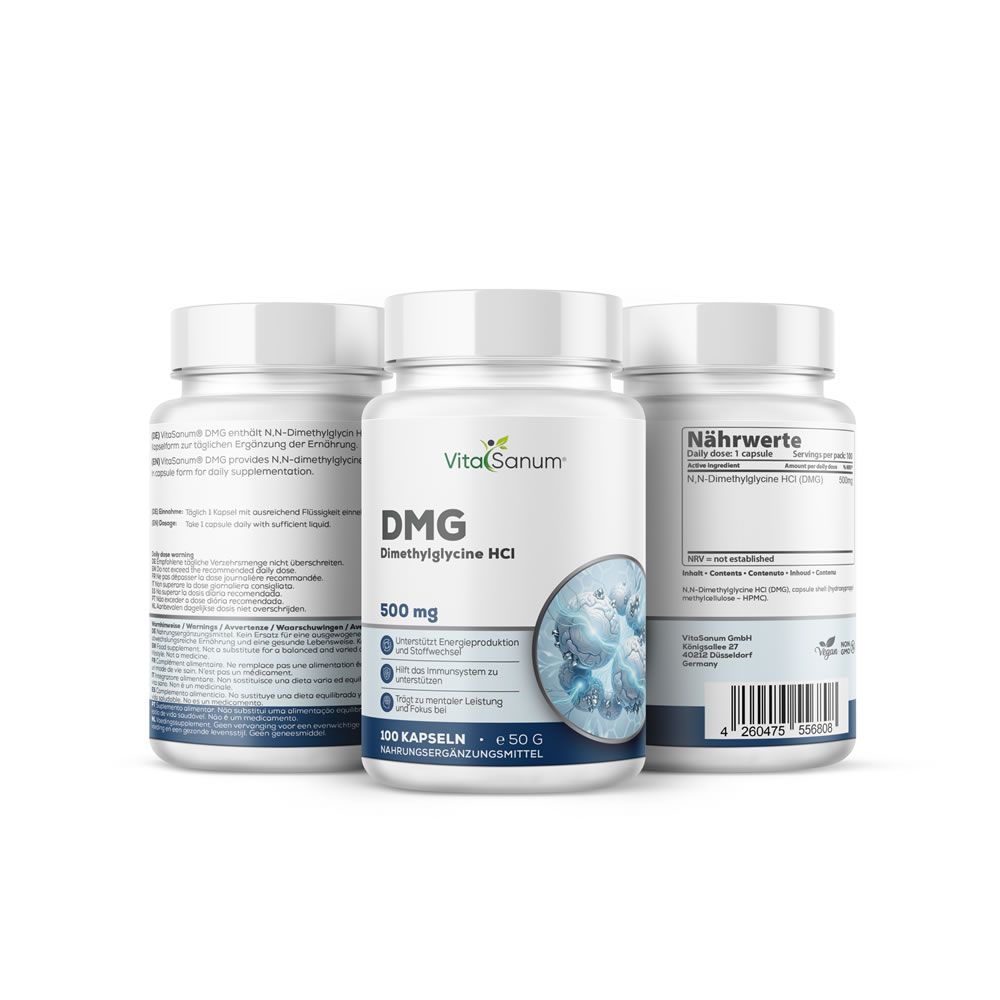 Drei weiße Flaschen mit Etiketten. Auf einer steht DMG Dimethylglycine HCl, 500 mg. Blaue und weiße Verpackung.
