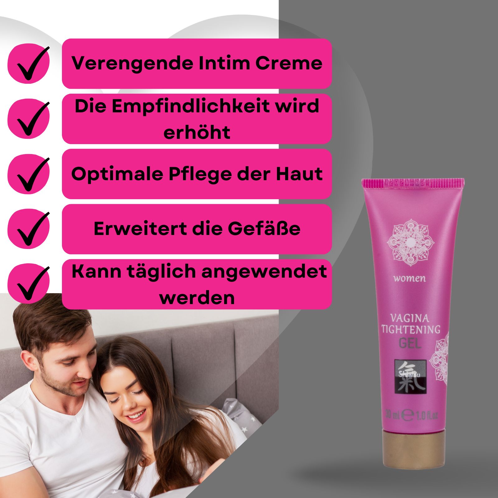 Rosa Tube und Text. Aufschrift: Vagina Tightening Gel. Abgebildet: Paar. Vorteile.