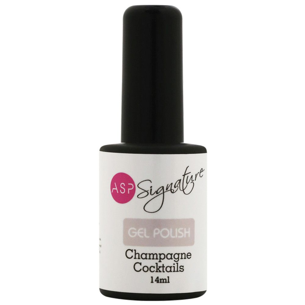 Nagellackflasche mit schwarzem Deckel. Etikett mit ASP Signature, Gel Polish, Champagne Cocktails, 14ml.