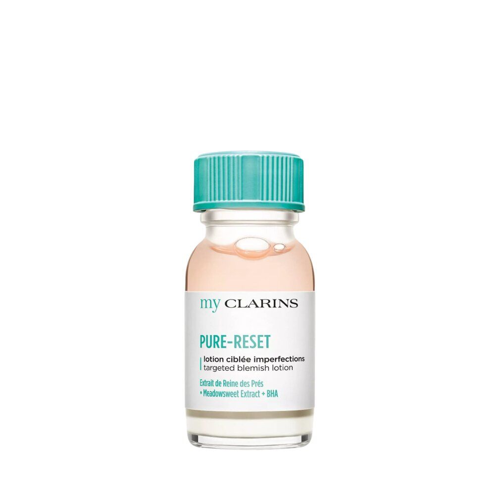 Kleine, transparente Flasche mit türkisgrünem Deckel. Flüssigkeit rosa. Aufschrift: my CLARINS, PURE-RESET, lotion ciblee imperfections.