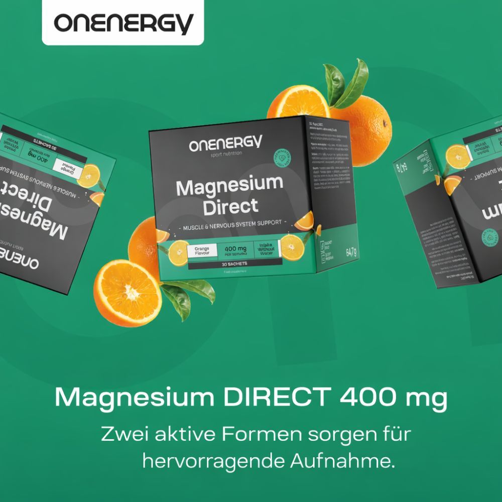Magnesium DIRECT 400 mg. 30 Beutel. Box mit Produkt und Orangen. Frau im Hintergrund.