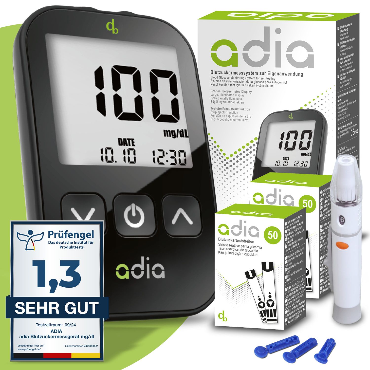 Blutzuckermessgerät, Teststreifen, Stechhilfe, und Zubehör. Adia-Logo und Prüfsiegel. Anzeige: 100 mg/dl, Datum und Uhrzeit.