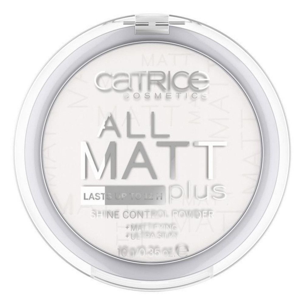Runder, weißer Puderbehälter mit transparentem Deckel. Aufschrift: Catrice, All Matt Plus, Shine Control Powder. 10g/0.35 oz.