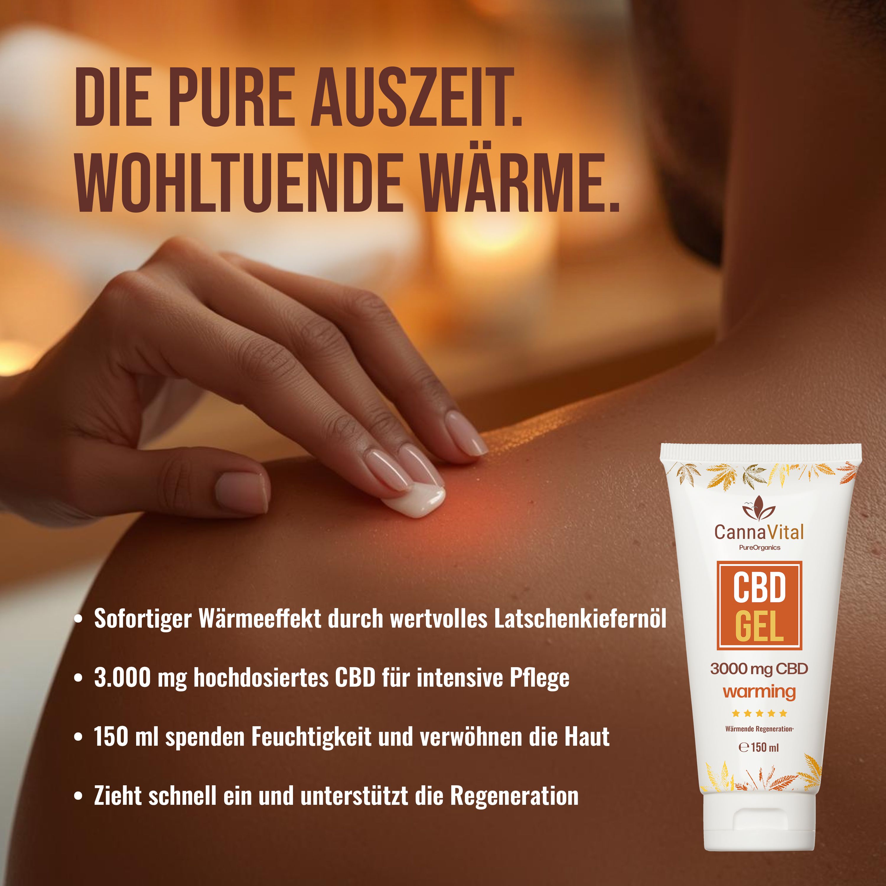 Weißes Gel-Tuben-Produkt mit orangefarbenem Etikett. Text: CBD GEL, 3000 mg CBD warming. Gel auf Schulter aufgetragen. Mann im Hintergrund.