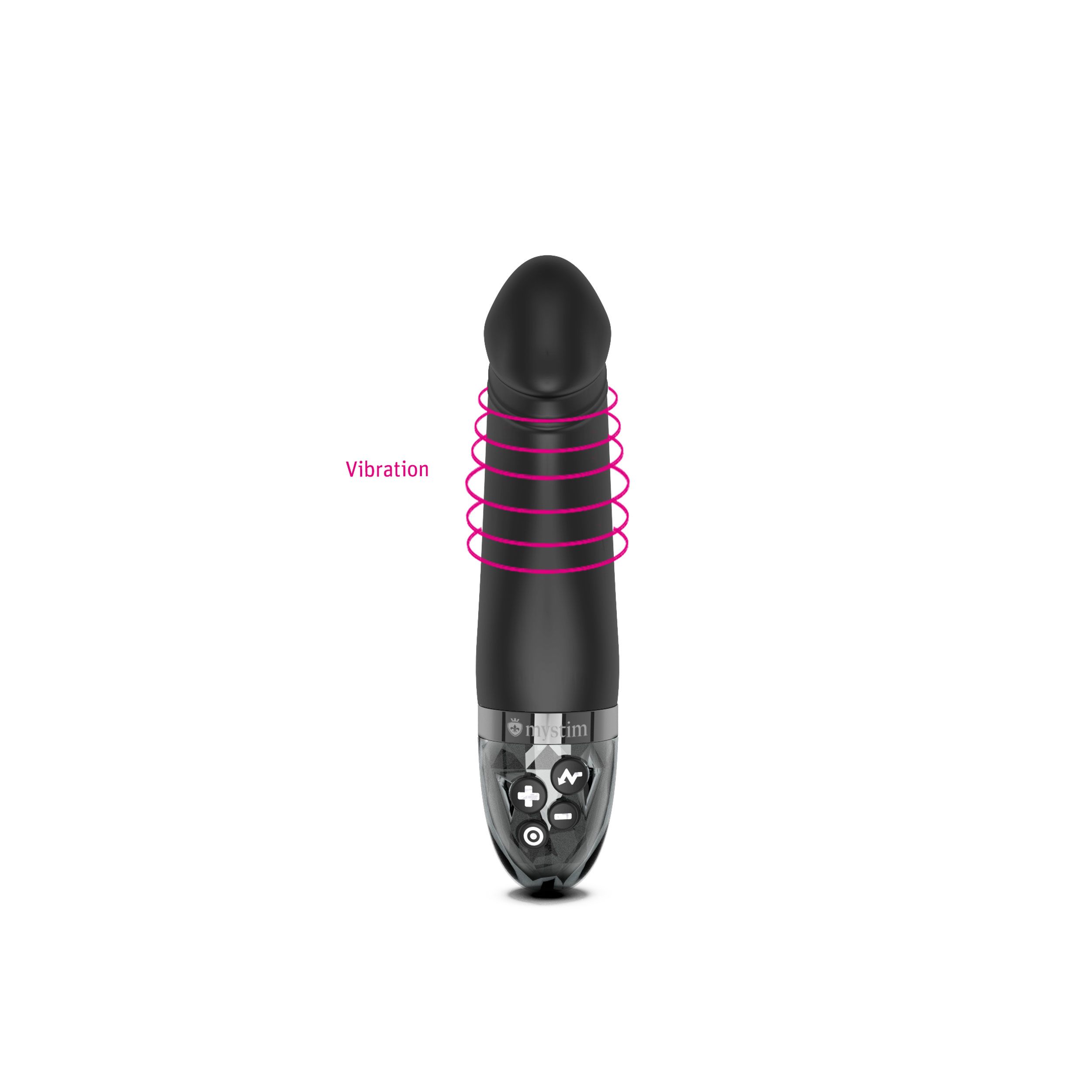 Schwarzer eStim-Vibrator. Pinkfarbene Vibrationslinien. Bedienknöpfe.