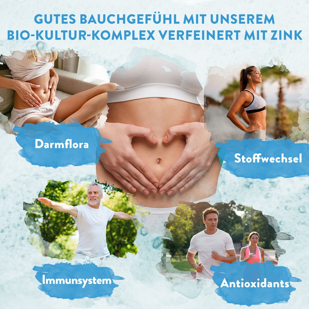 Grafik mit Bildern, die die Vorteile von Probiolac zeigen. Aufschrift: Darmflora, Stoffwechsel, Immunsystem.