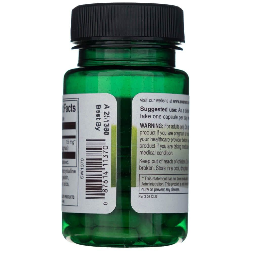Seitenansicht der SWANSON Safran 15mg Flasche mit Barcode und Haltbarkeitsdatum.