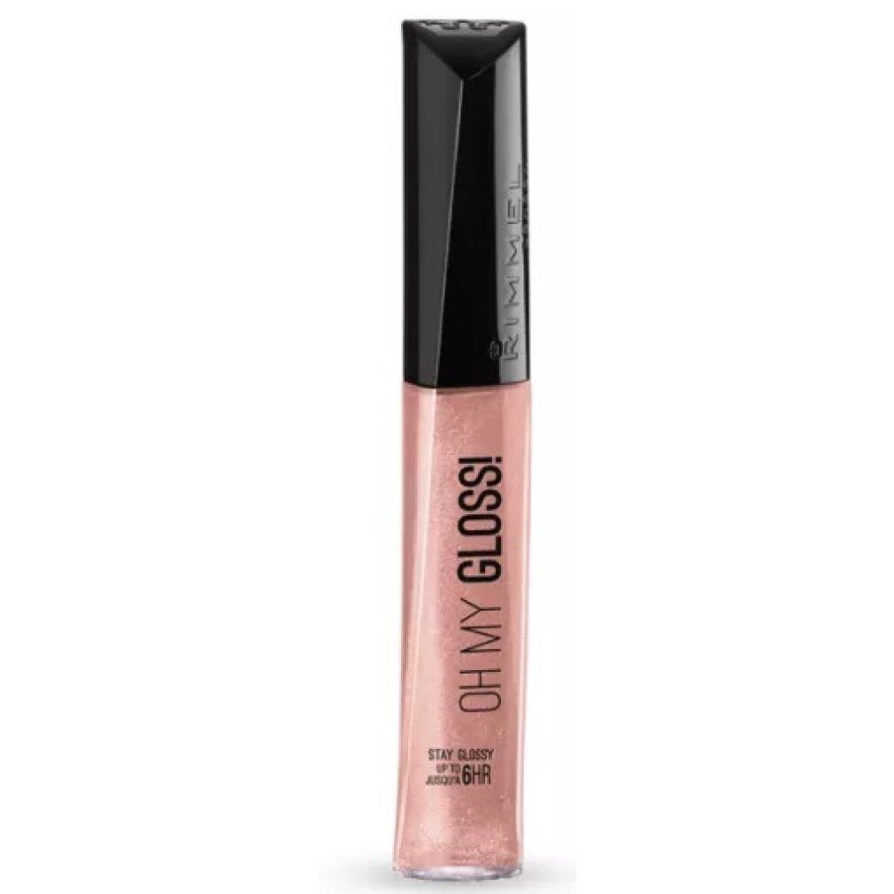 Rimmel Oh My Gloss Lipgloss, Farbton 130 Purrrlossy Car. Transparente Tube mit schwarzem Deckel. Glänzende, rosafarbene Textur.