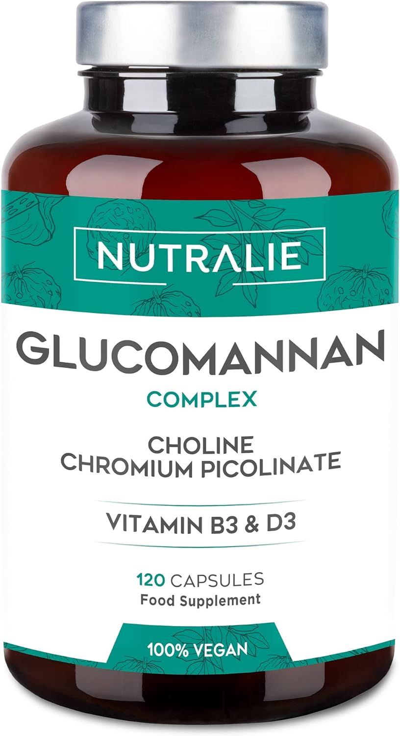 Braune Glasflasche mit weißem Etikett. Aufschrift: Nutralie Glucomannan Complex, Cholin, Chrom, Vitamin B3 & D3, 120 Kapseln, 100% vegan.