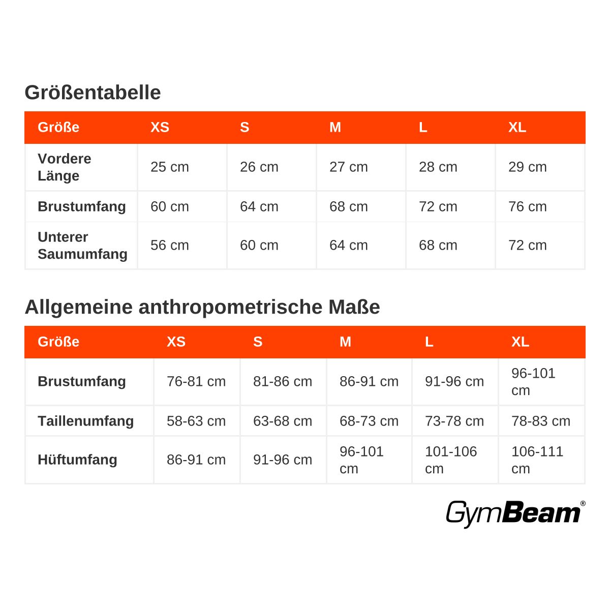 Größentabelle mit Maßen für Brustumfang, Taillenumfang und Hüftumfang in den Größen XS bis XL.