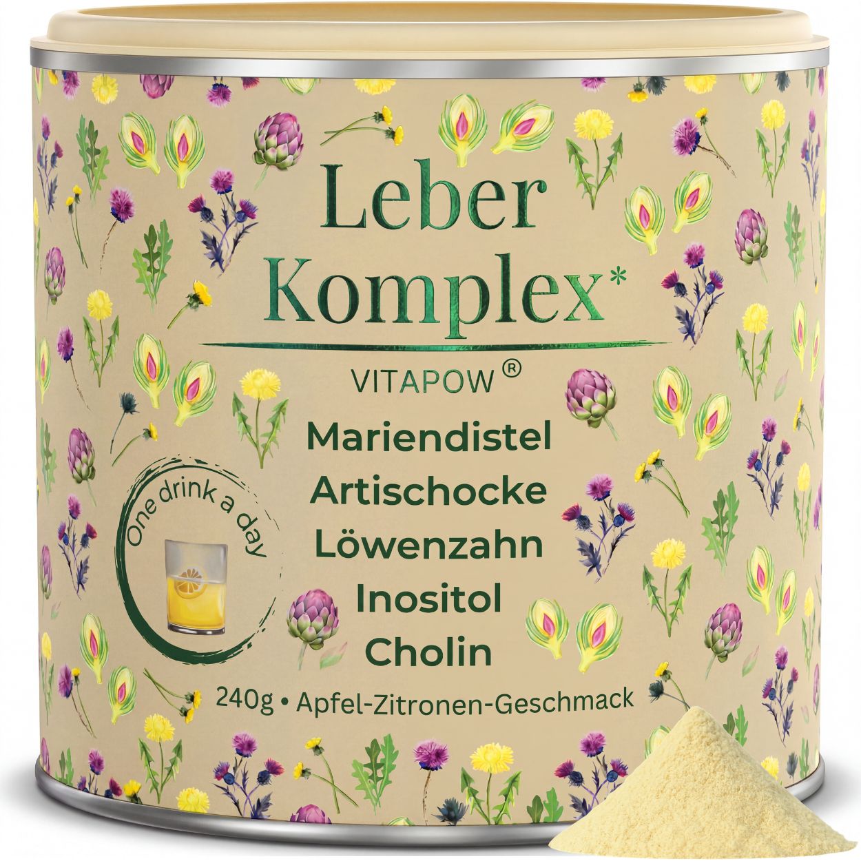 Vitapow Leber Komplex Dose mit Pflanzenmotiven, 240g Apfel-Zitronen-Geschmack.