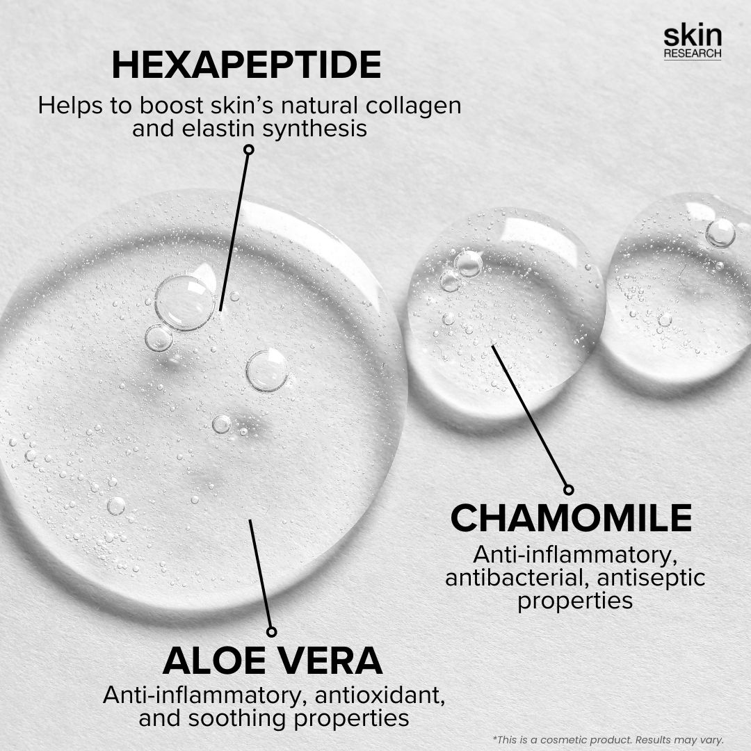 Tropfen mit Aloe Vera, Hexapeptid und Kamille. Hautpflege-Inhaltsstoffe.