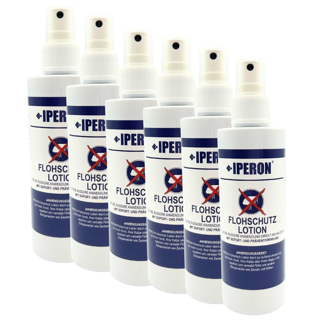 Sechs Flaschen IPERON® Flohschutz Lotion nebeneinander.