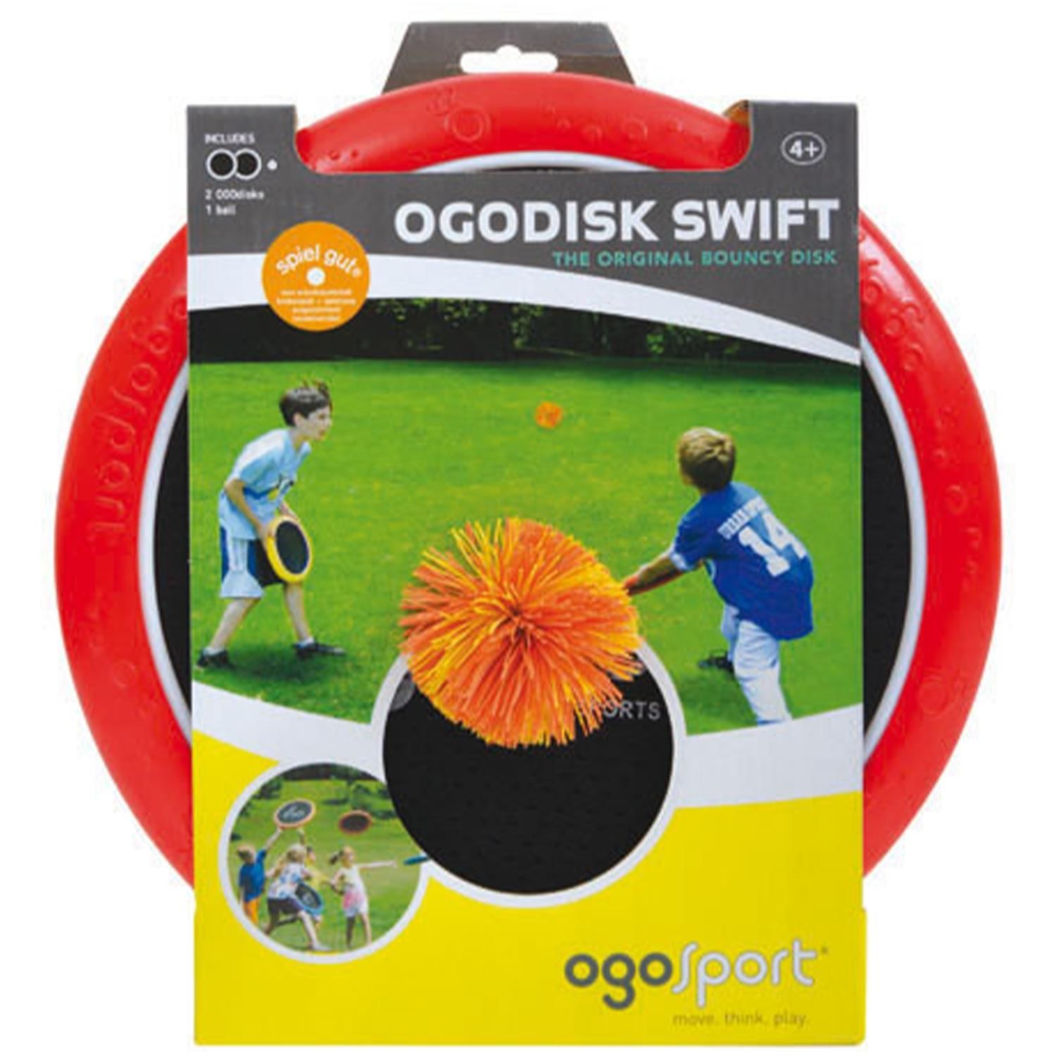 Ogodisk Swift Set. Rote Scheibe mit schwarzem Netz. Orangefarbener Ball. Verpackung mit Produktabbildung.