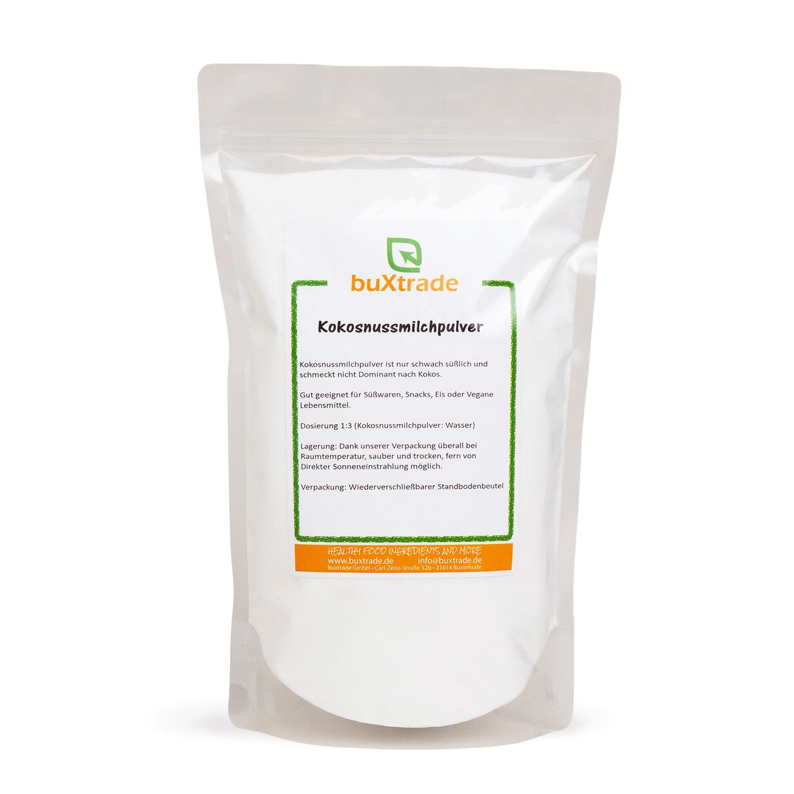 Verpackung von buXtrade Kokosnussmilchpulver. Weißer Beutel mit grünem Etikett und Produktinformationen.
