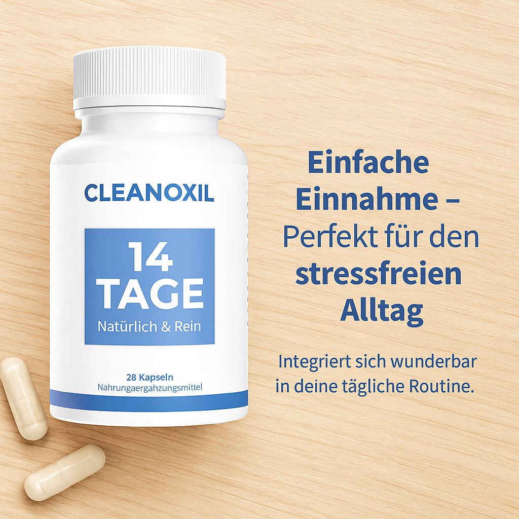 Weiße Flasche mit blauem Etikett. CLEANOXIL, 14 TAGE, 28 Kapseln. Zwei Kapseln liegen daneben. Text daneben.