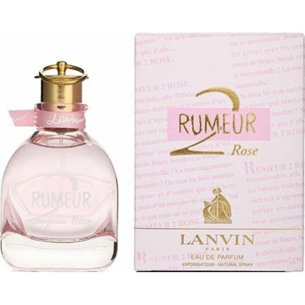Parfümflasche und Verpackung. Rosa Flüssigkeit, goldener Verschluss. Aufschrift: Rumeur 2 Rose, Lanvin.