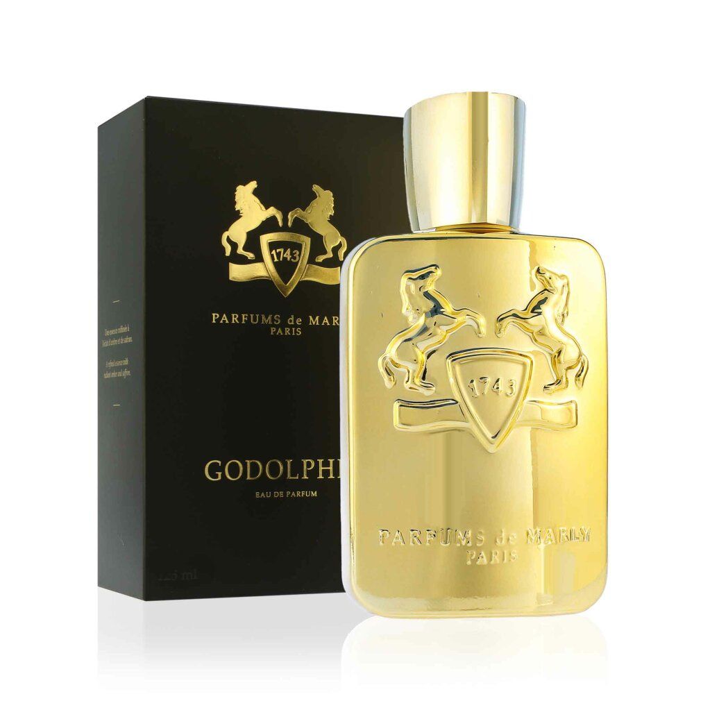 Goldfarbener Flakon und schwarze Verpackung. Godolphin Eau de Parfum. Marke Parfums de Marly.
