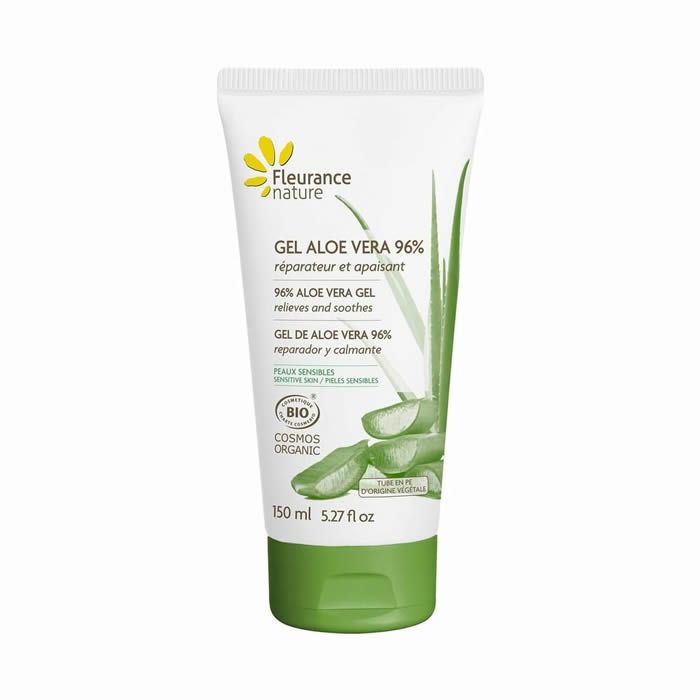 Weiße Tube mit grünem Verschluss. Aufschrift: Gel Aloe Vera 96%. Bio-Zertifizierung. Volumen: 150 ml.