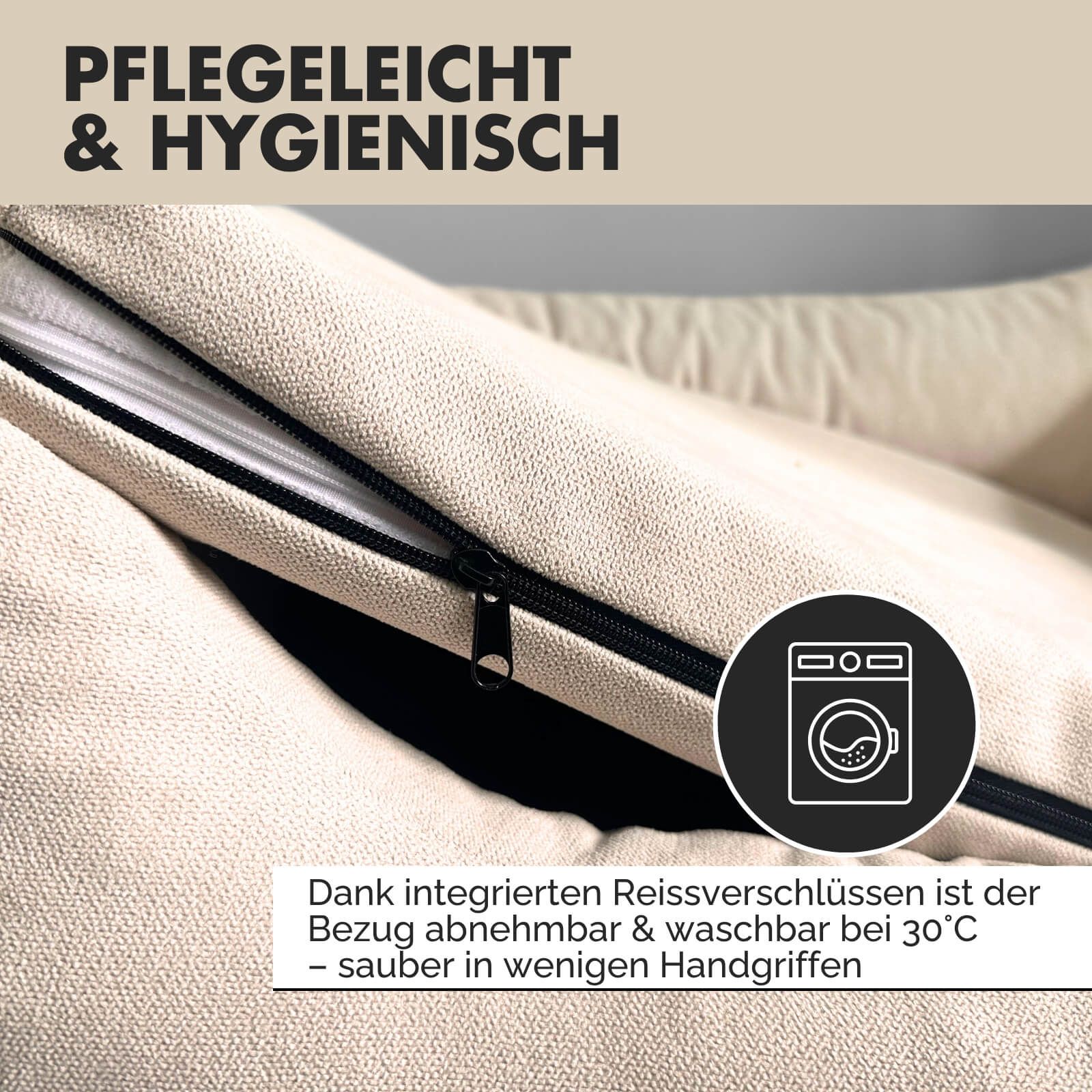 Nahaufnahme des beigen Hundebetts mit Reißverschluss. Text: Pflegeleicht & Hygienisch. Waschmaschinen-Symbol.