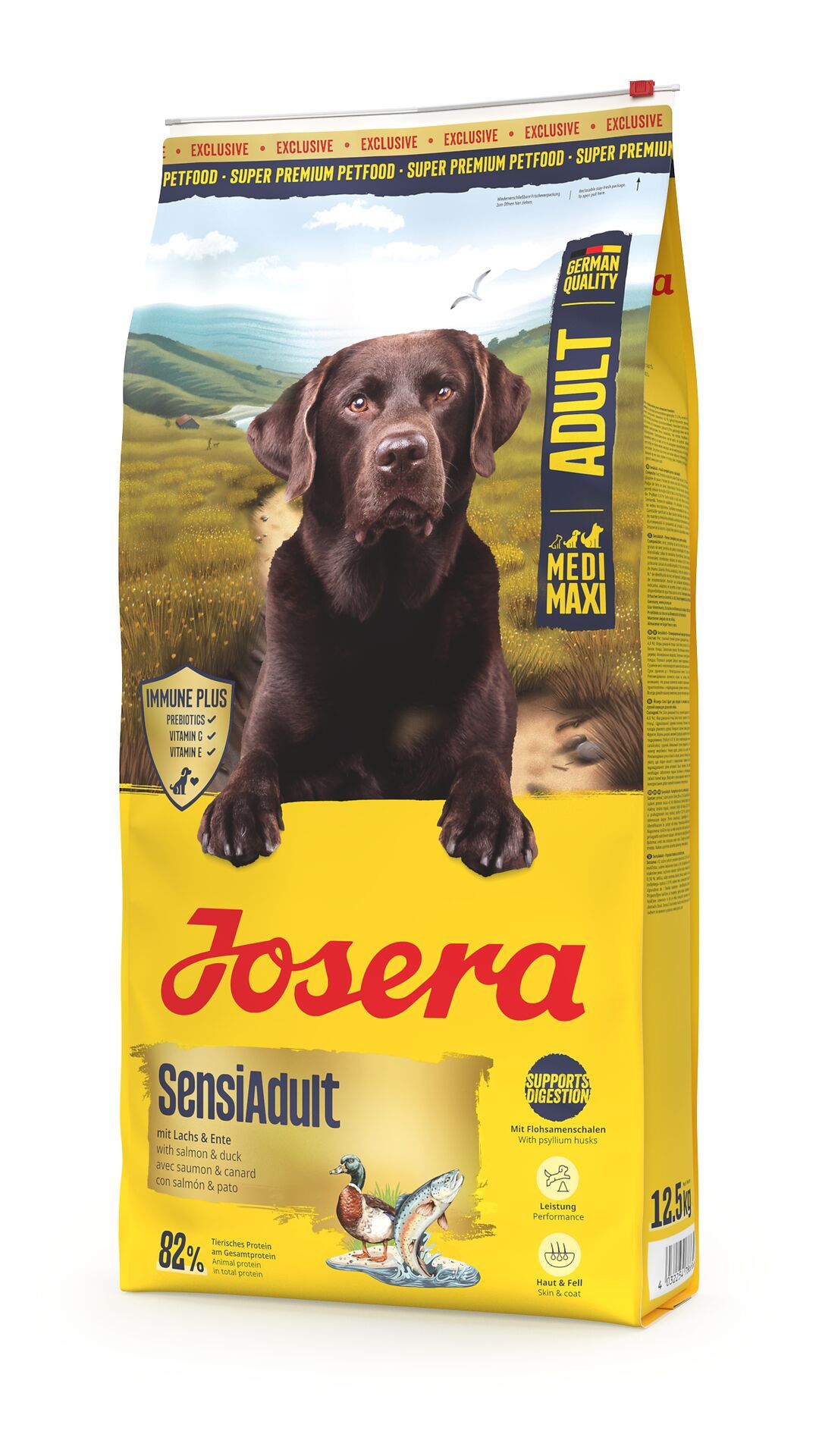 Gelber JOSERA-Beutel mit braunem Hund, Produktname SensiAdult, Text "Adult Medi Maxi", "German Quality", "82%", "Mit Lachs & Ente".