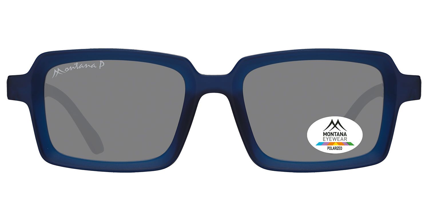 Blaue Sonnenbrille mit rechteckigen Gläsern. Logo und Schriftzug 'Montana Eyewear' auf dem Glas. Polarisierte Gläser.