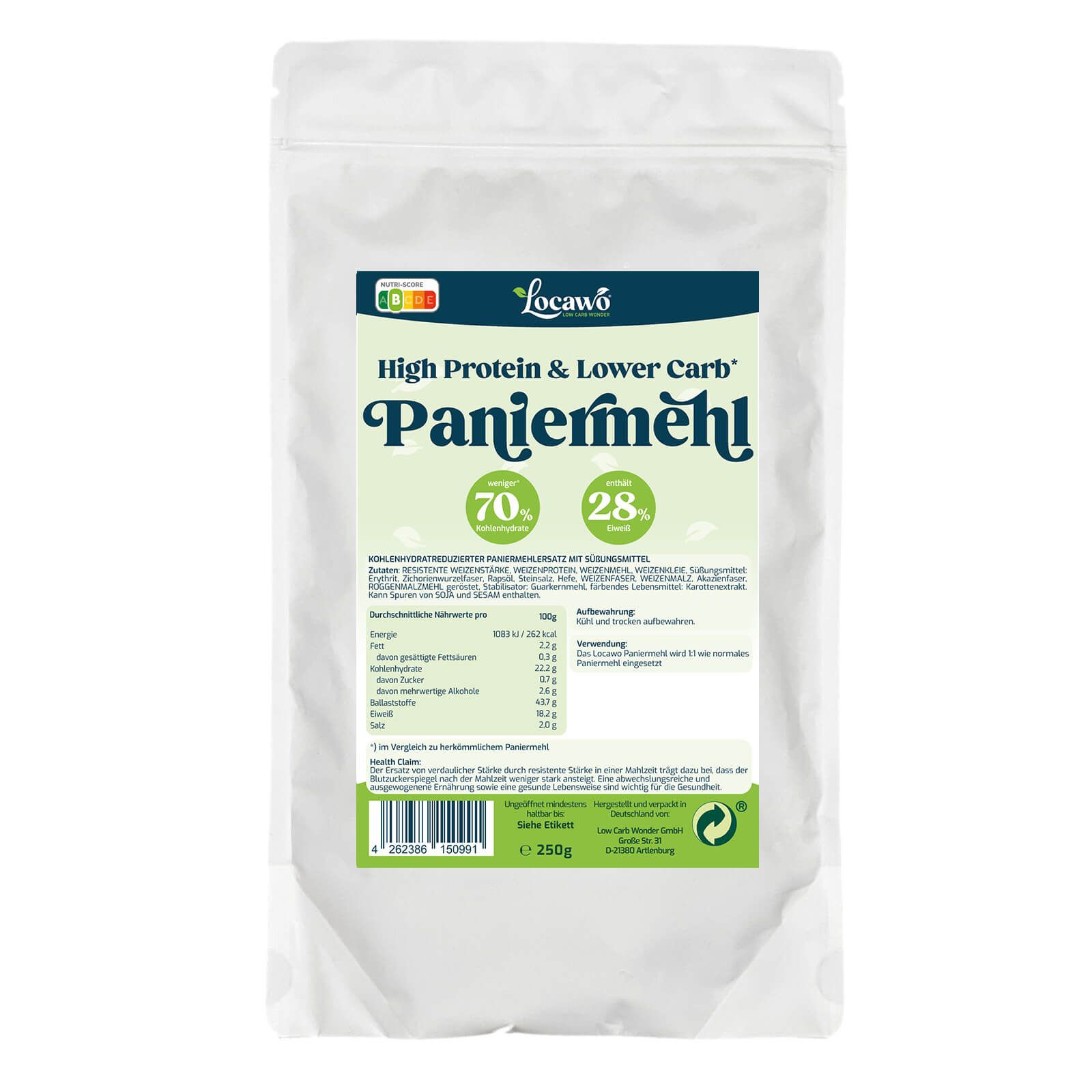 Weiße Tüte mit "Locawo High Protein & Lower Carb Paniermehl". Grün-weiße Schrift. Enthält 70% weniger Kohlenhydrate, 28% Eiweiß. 250g.