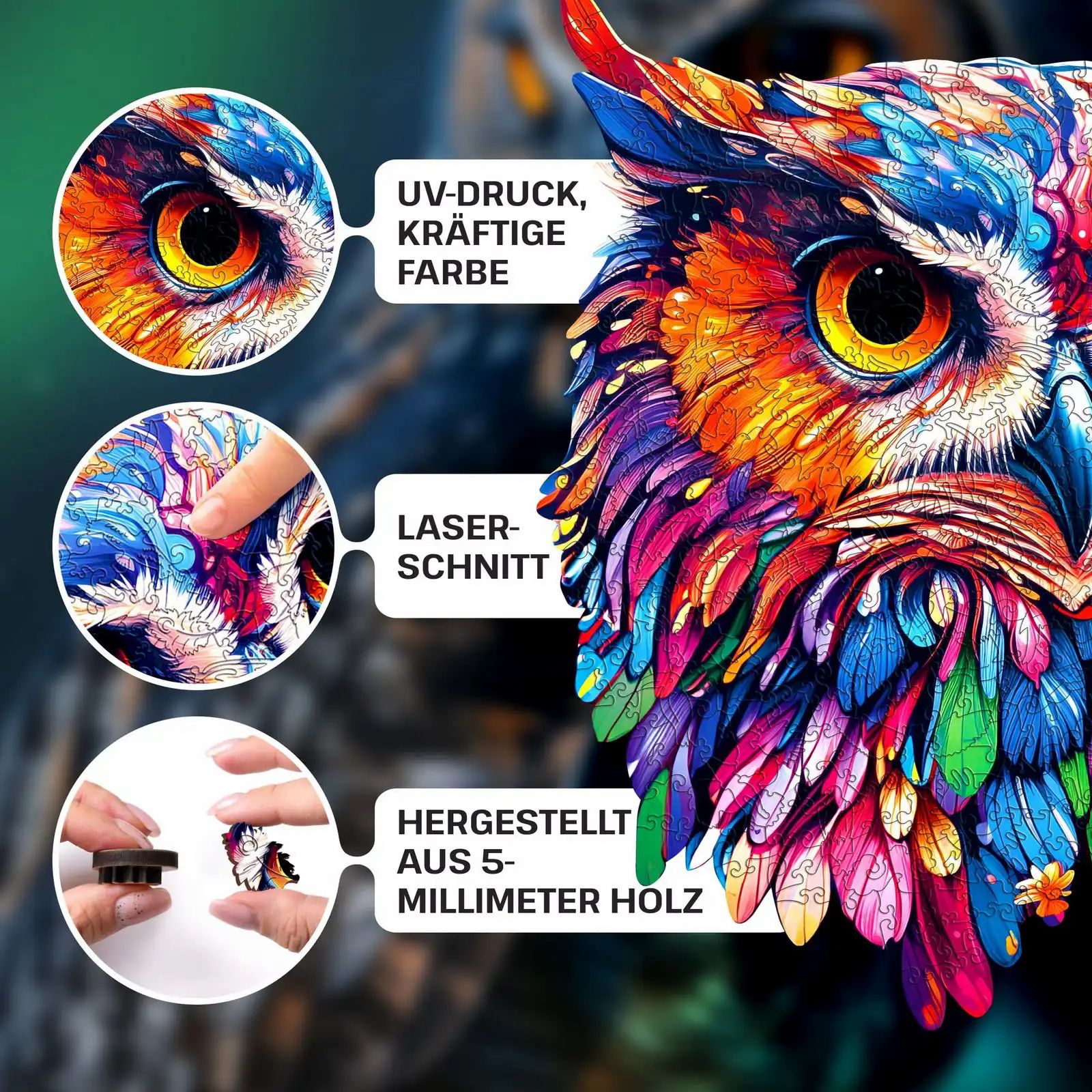 Nahaufnahme eines Puzzles mit Eulenmotiv. Text: UV-DRUCK, KRÄFTIGE FARBE, LASER-SCHNITT, HERGESTELLT AUS 5-MILLIMETER HOLZ.