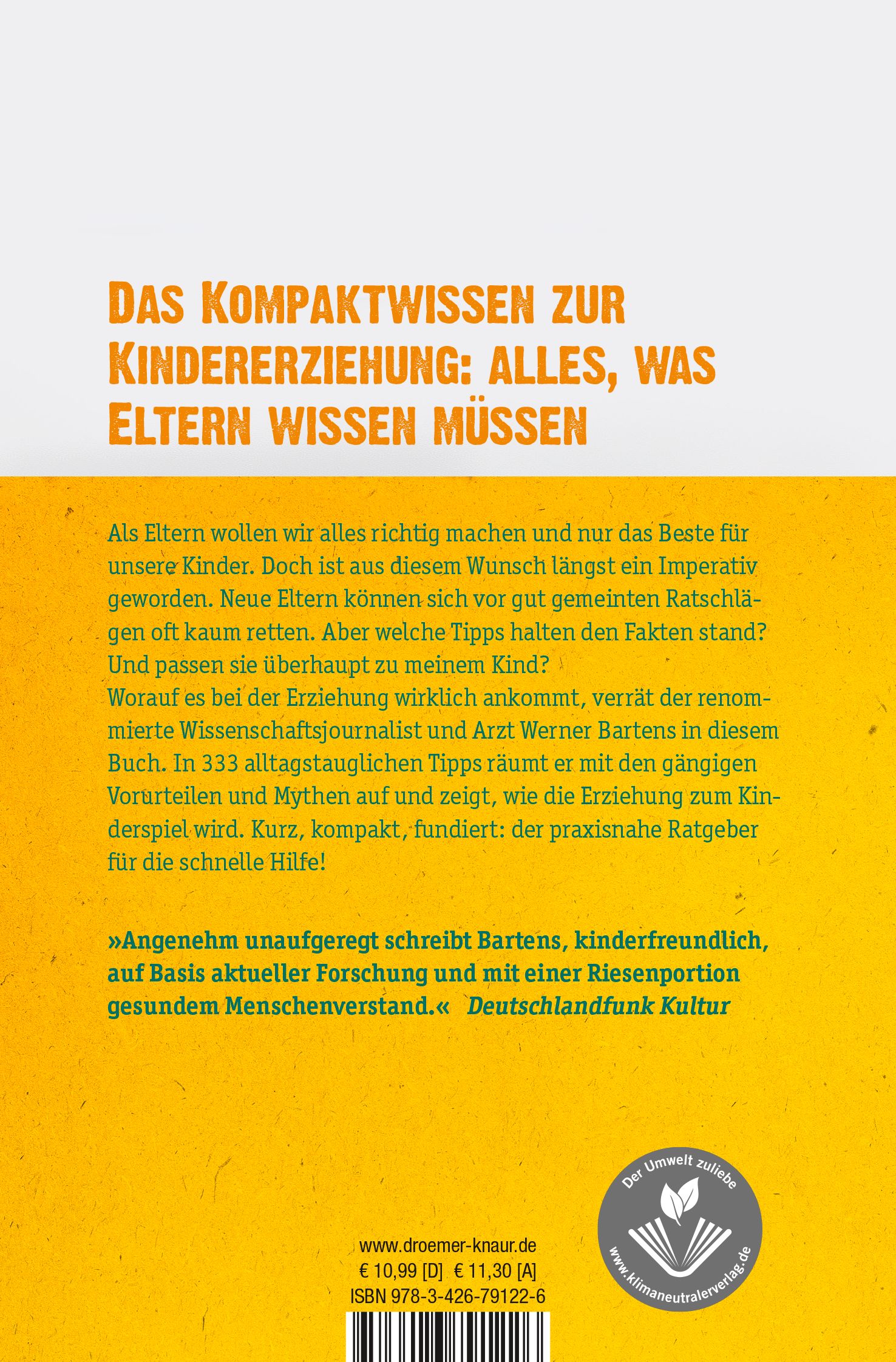 Buchrückseite "Der Kinderkompass". Text, Logo, ISBN und Preisangaben. Klimaneutral-Siegel.