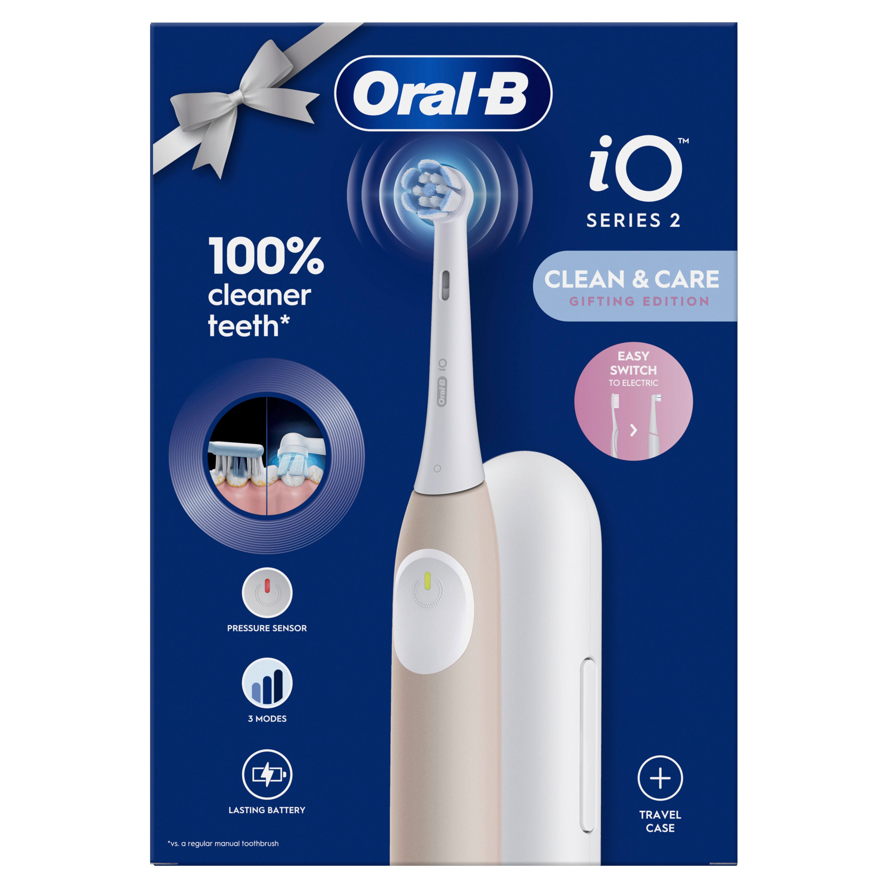 Elektrische Zahnbürste mit Reiseetui. Marke: Oral-B iO Series 2. Merkmale: Drucksensor, 3 Modi, langlebiger Akku.