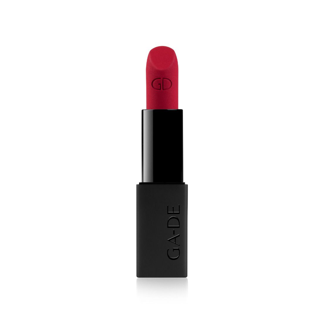 Roter Lippenstift, schwarze Hülle mit GD-Logo. Matte Textur. Geöffnet, Stift sichtbar.