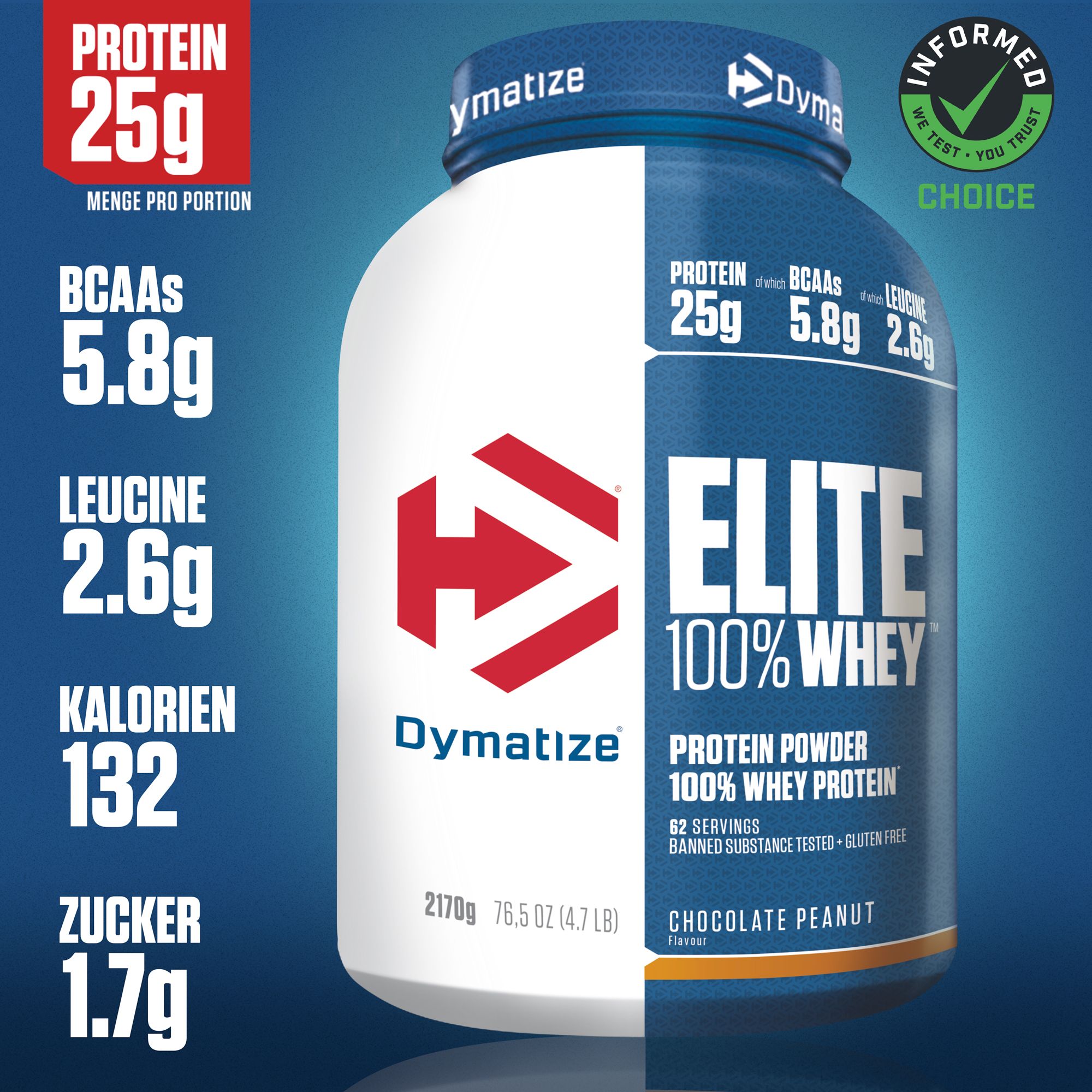 Dymatize Elite 100% Whey Protein-Pulver. Blaue und weiße Dose mit roten Akzenten. Enthält 25g Protein pro Portion. Zertifiziert.