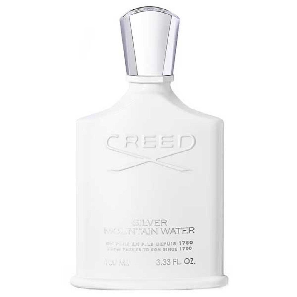 Weiße Parfumflasche. Aufschrift: Creed Silver Mountain Water. Flasche mit silbernem Verschluss.