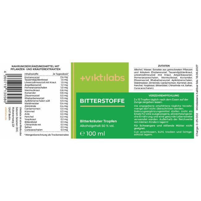 Etikett mit Inhaltsstoffen und Informationen. Aufschrift: Viktilabs Bitterstoffe. Flasche mit 100 ml.