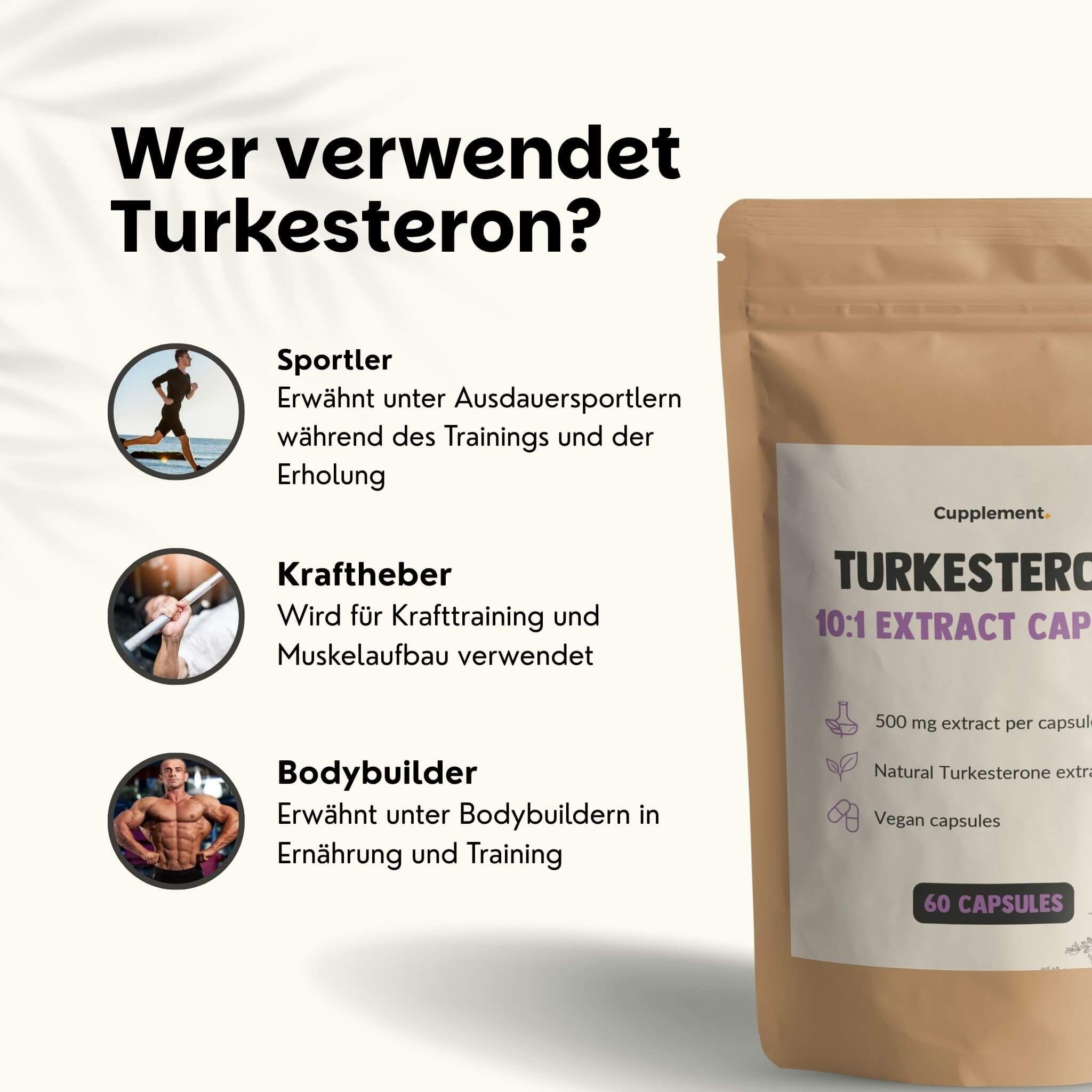Wer verwendet Turkesterone? Athleten, Powerlifter, Bodybuilder. Beutel mit Kapseln. Aufschrift: Turkesterone 10:1 Extract Capsules. 60 Kapseln.