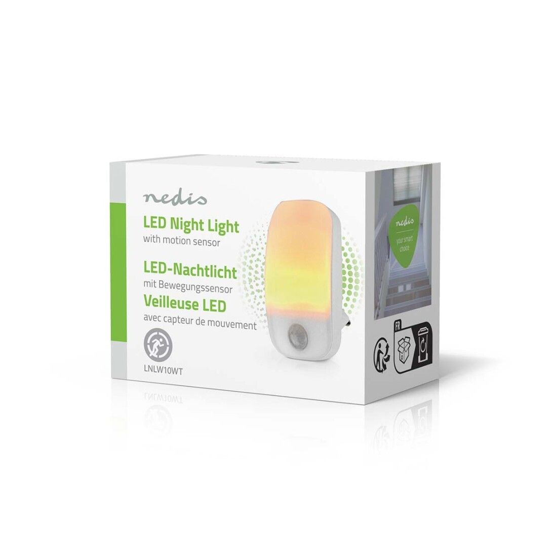 Verpackung für LED-Nachtlicht mit Bewegungssensor. Marke: Nedis. Text: LED-Nachtlicht, Veilleuse LED.
