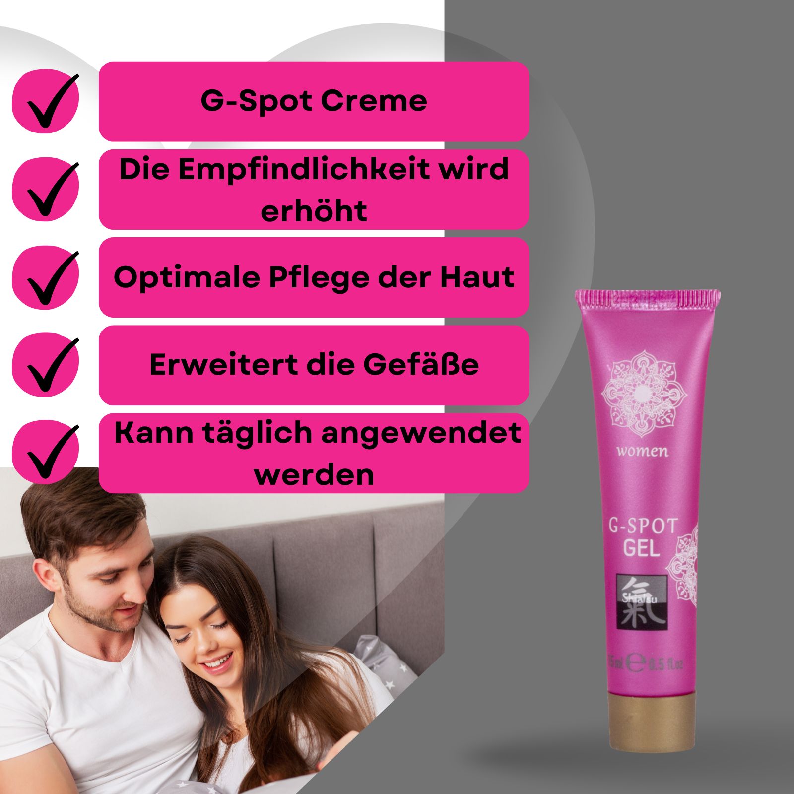 Produkt und Tube mit Text. Paar im Hintergrund. Rosa Textfelder mit Checkmarken. 15ml.