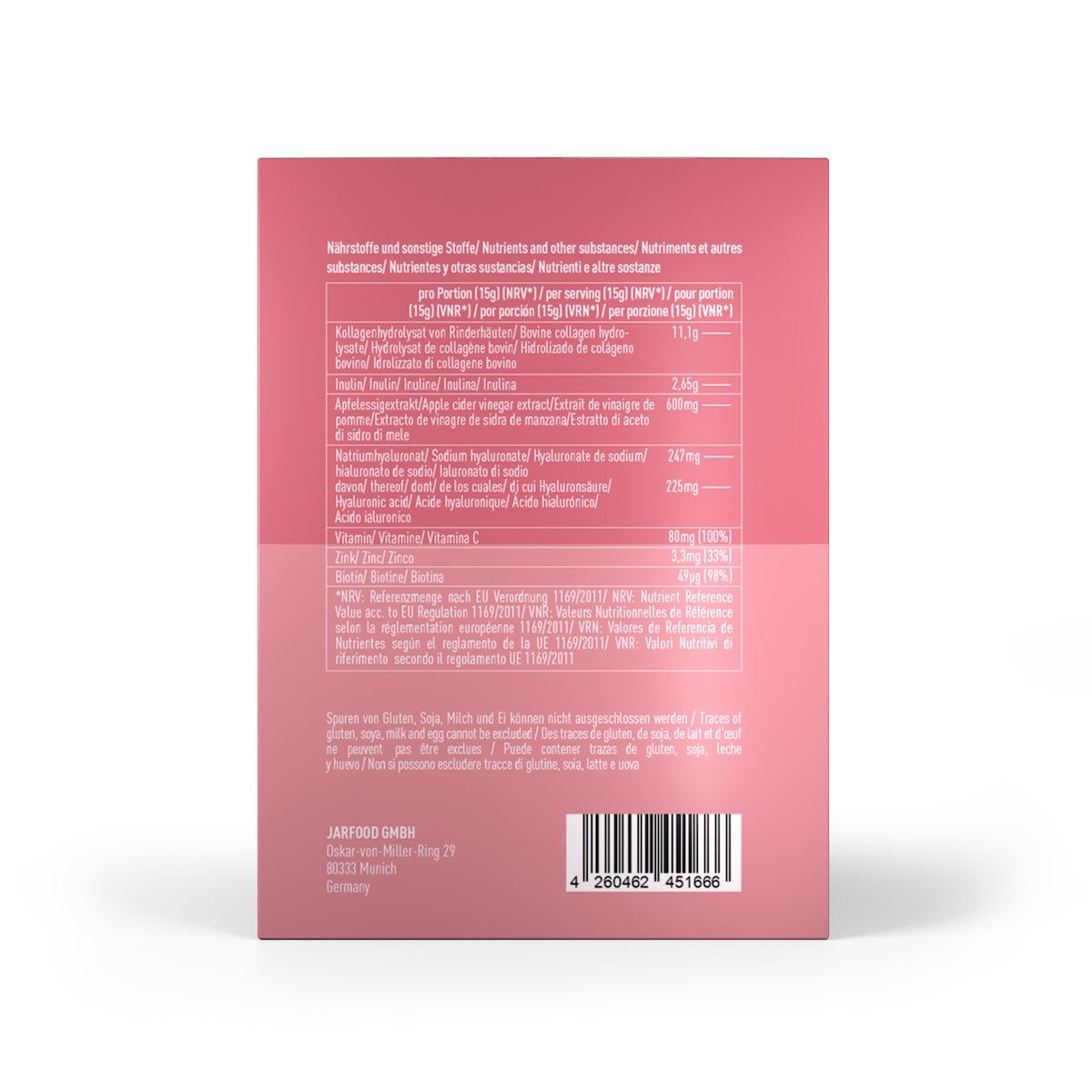 Rosa Schachtel mit Text. Rückseite mit Nährwertangaben und Inhaltsstoffen. Barcode.