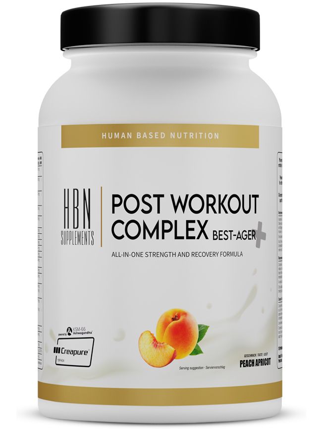 Weißes Supplement-Behälter mit schwarzem Deckel. Aufschrift: HBN Post Workout Complex Best-Ager. Geschmack Peach Apricot. Mit Pfirsich-Illustration.