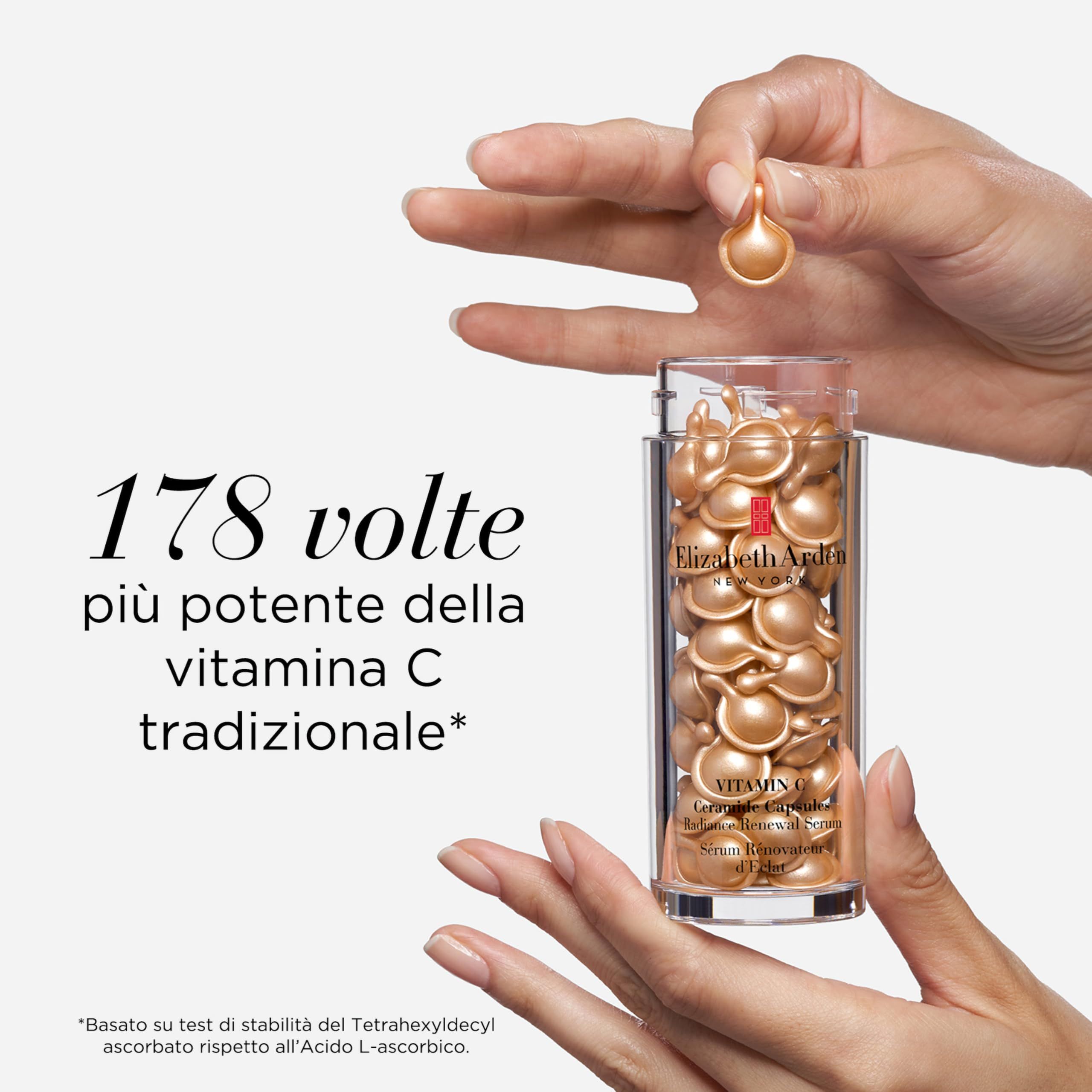 Eine Hand hält eine Kapsel, daneben ein Behälter mit Kapseln. Text: 178 mal stärker als Vitamin C.