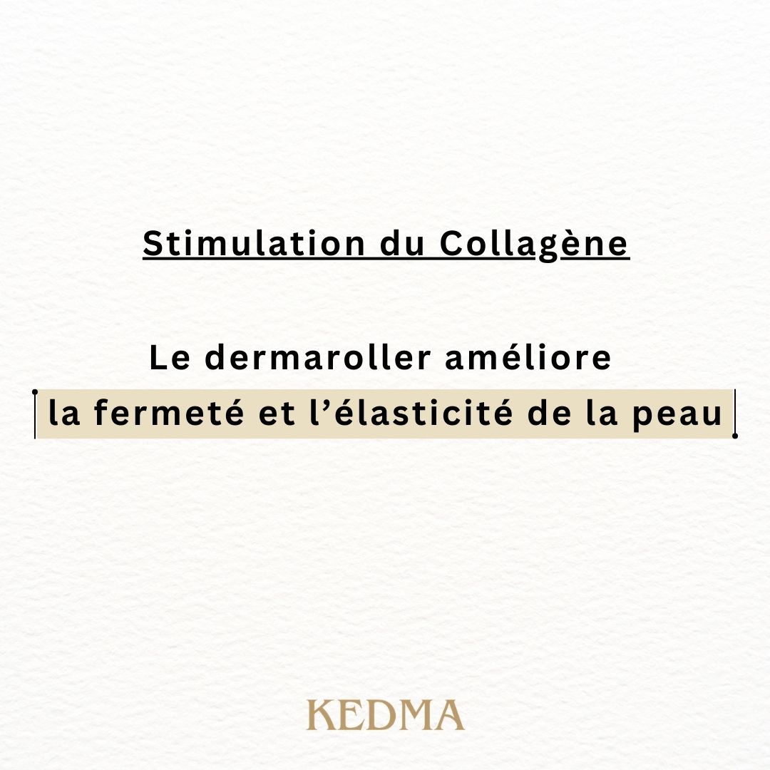 Texte : Stimulation du Collagène. Le dermaroller améliore la fermeté et l'élasticité de la peau. Logo KEDMA.