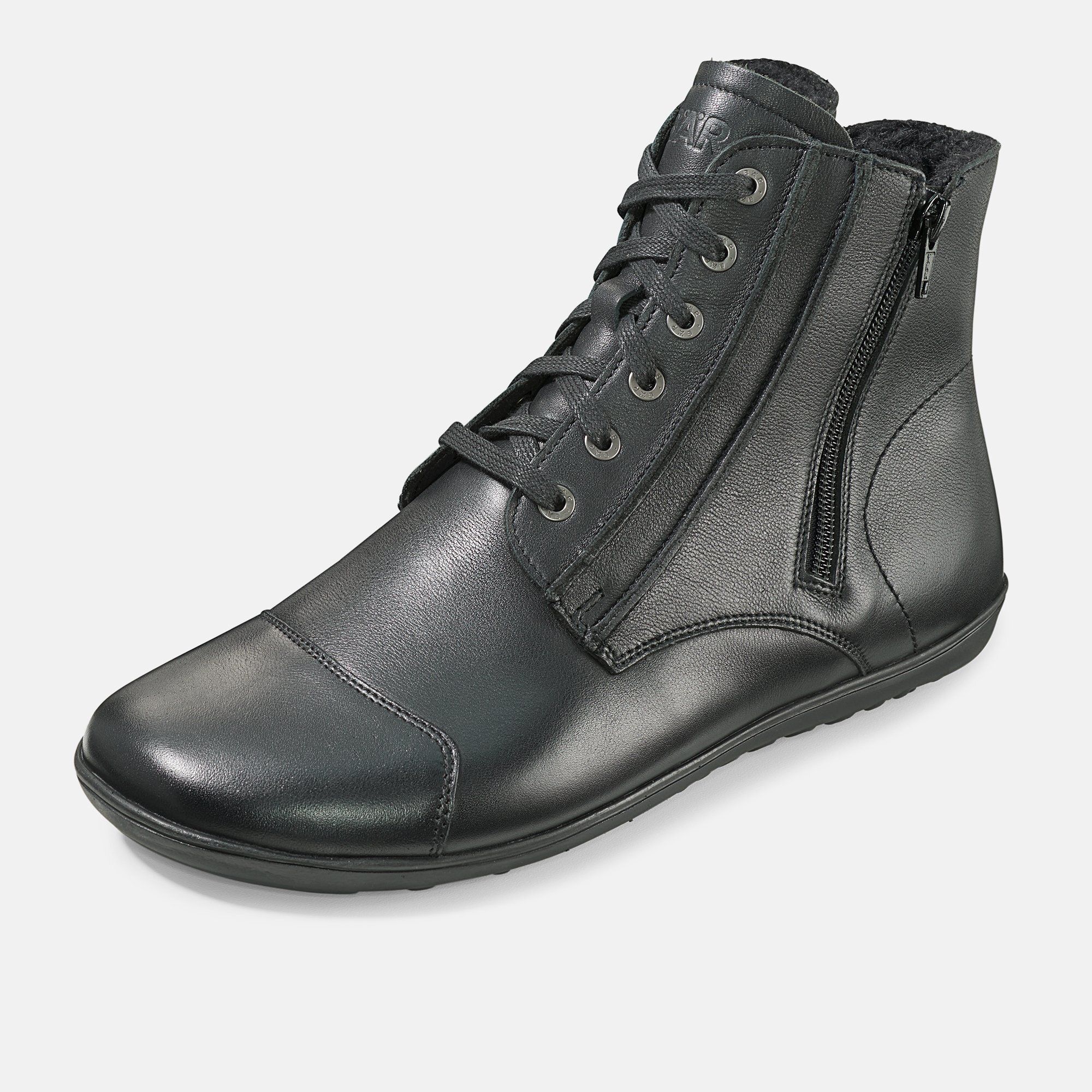 Schwarze Leder-Stiefelette für Herren, Seitenansicht mit Schnürung und Reißverschluss.