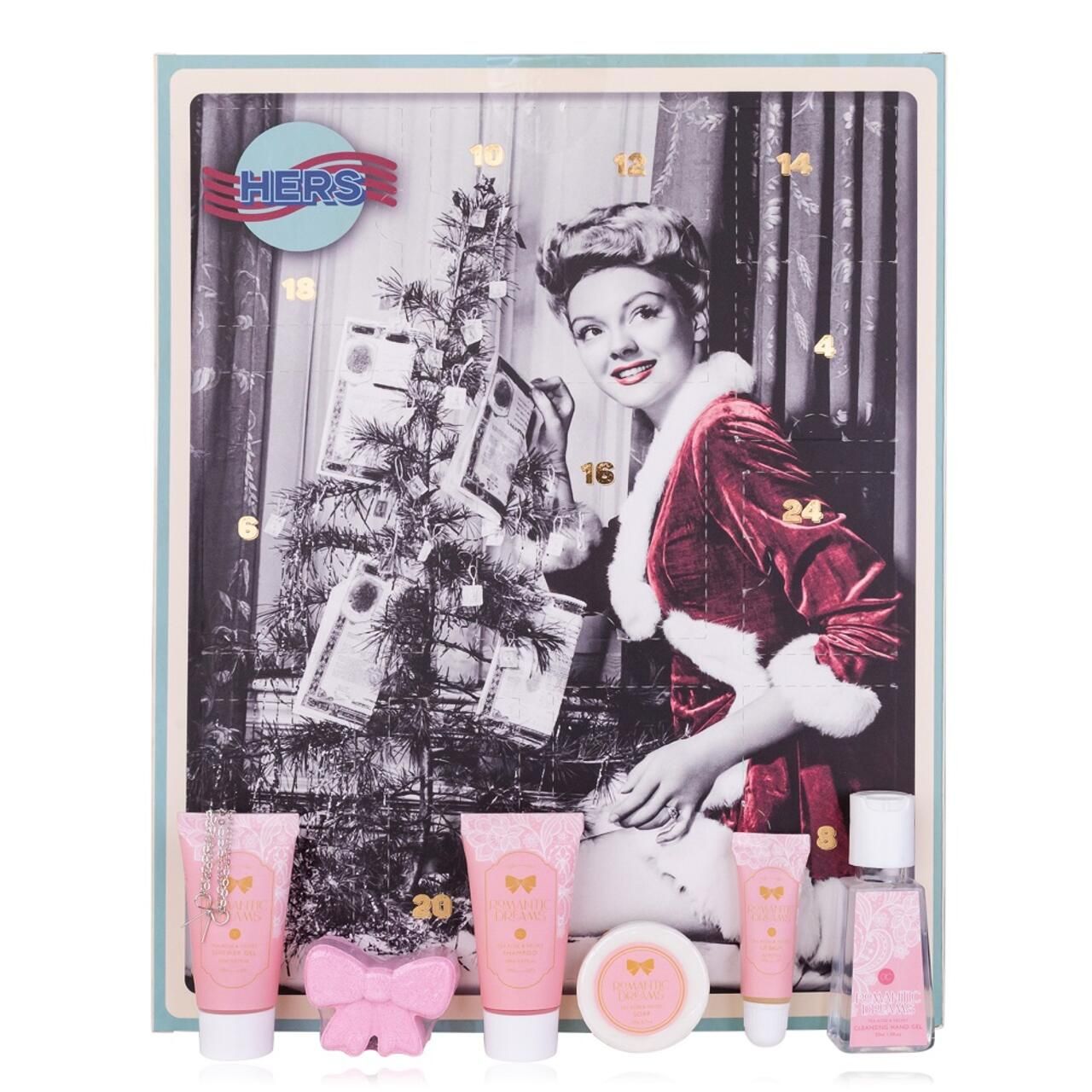 Adventskalender mit Vintage-Bild einer Frau in Santa-Kostüm vor Weihnachtsbaum mit Geldscheinen. Produkte: Cremes, Seife, Parfüm.
