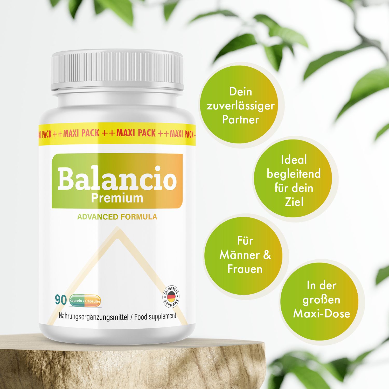 Weiße Flasche Balancio Premium Kapseln. Aufschrift: 90 Kapseln. Zusätzliche Texte: Dein zuverlässiger Partner, Ideal begleitend.